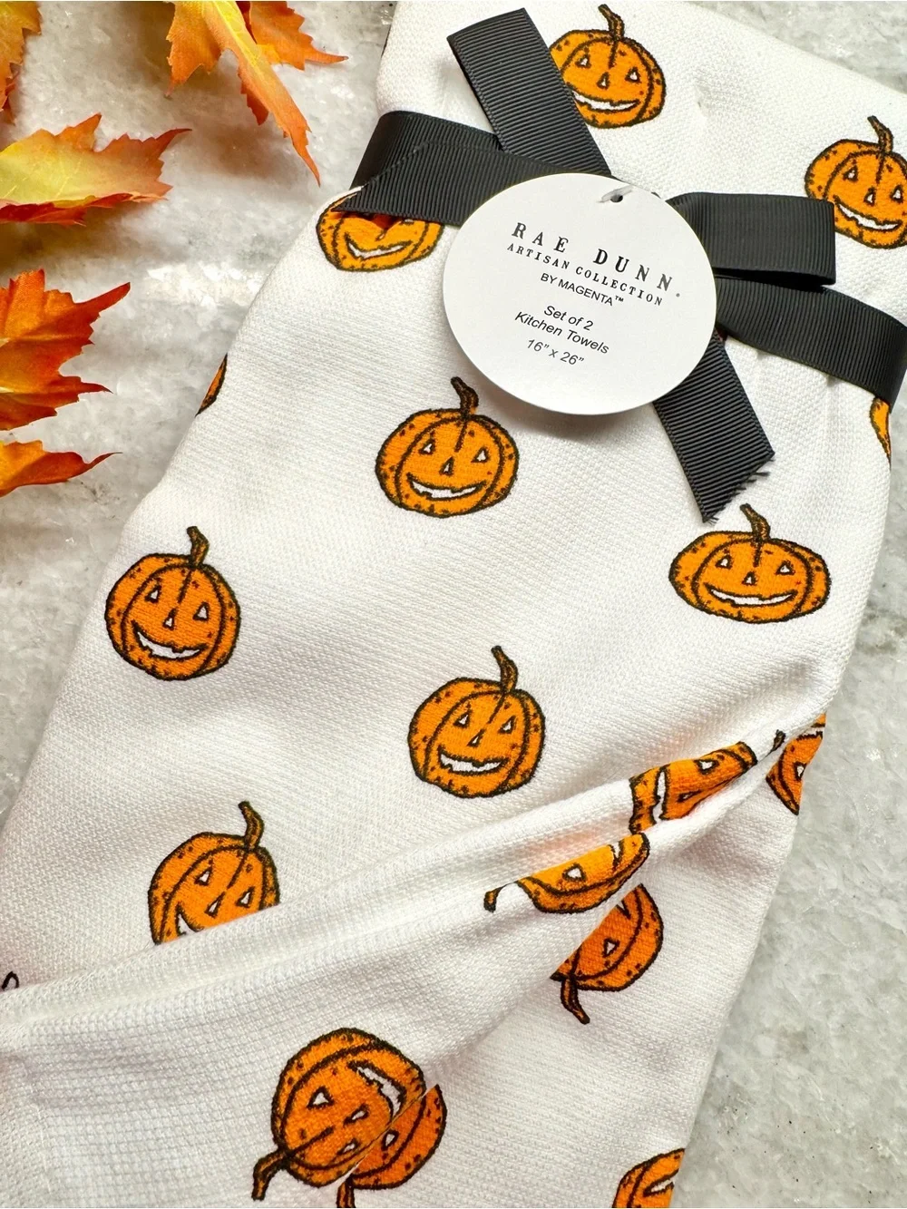 New Rae Dunn Halloween Pumpkin Trick or Treat Kitchen Hand Towels Set of 2